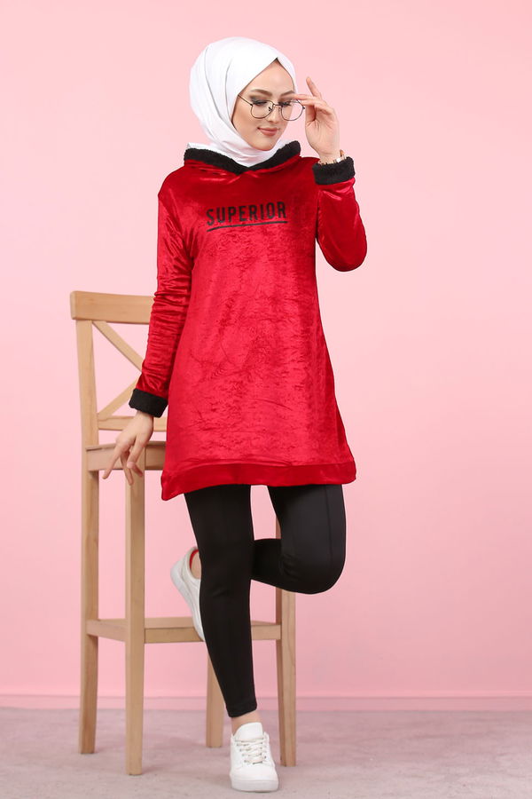 Düz Orta Kadın Bordo Peluş Detaylı Tunik Siyah  - 7996 BORDO