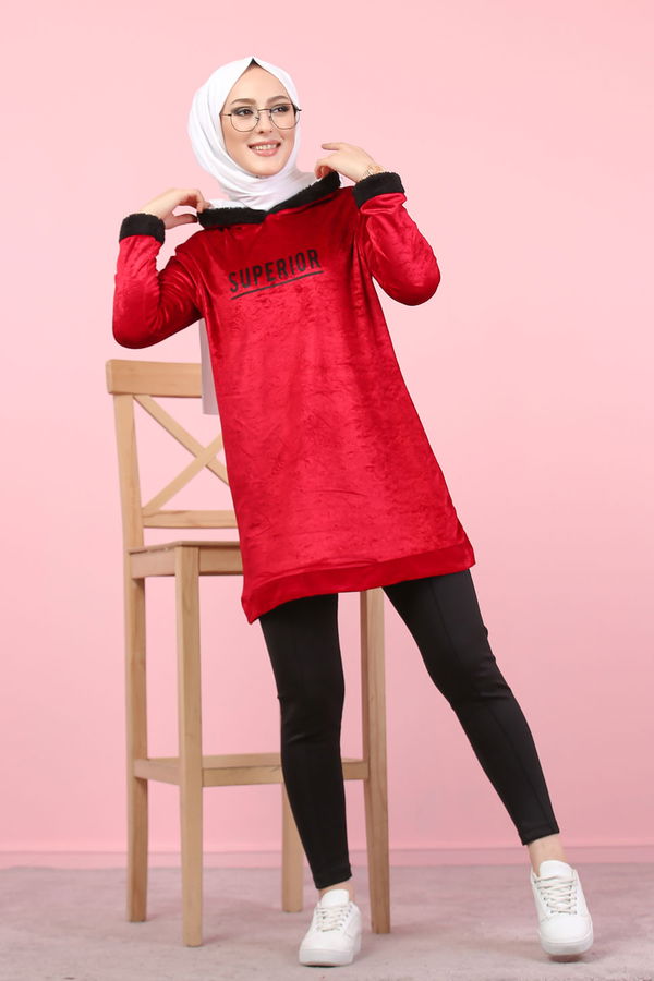 Düz Orta Kadın Bordo Peluş Detaylı Tunik Siyah  - 7996 BORDO