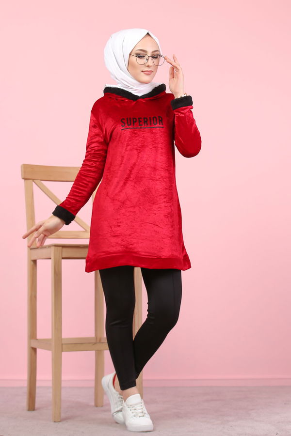 Düz Orta Kadın Bordo Peluş Detaylı Tunik Siyah  - 7996 BORDO