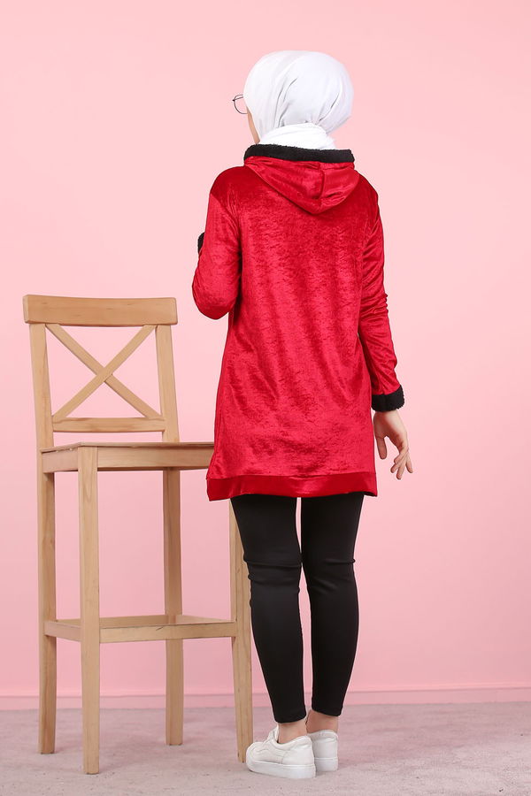 Düz Orta Kadın Bordo Peluş Detaylı Tunik Siyah  - 7996 BORDO