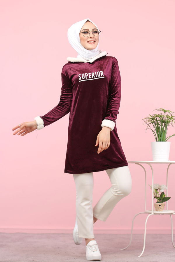 Düz Orta Kadın Mor Peluş Detaylı Tunik Siyah  - 7996 MOR