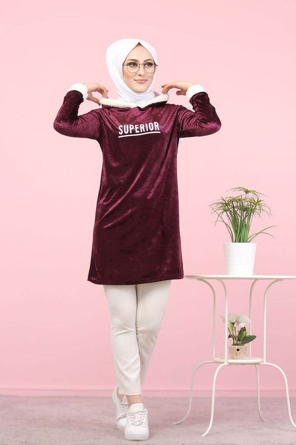 Düz Orta Kadın Mor Peluş Detaylı Tunik Siyah  - 7996 MOR
