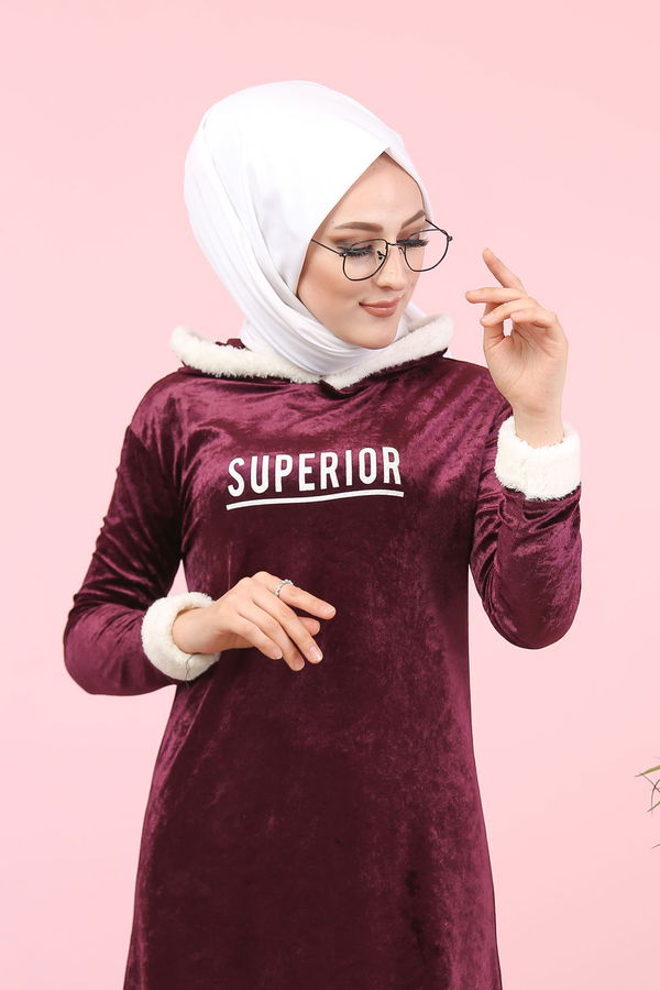 Düz Orta Kadın Mor Peluş Detaylı Tunik Siyah  - 7996 MOR