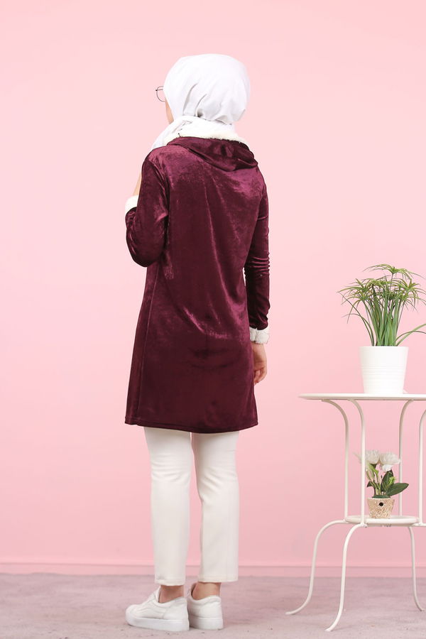 Düz Orta Kadın Mor Peluş Detaylı Tunik Siyah  - 7996 MOR