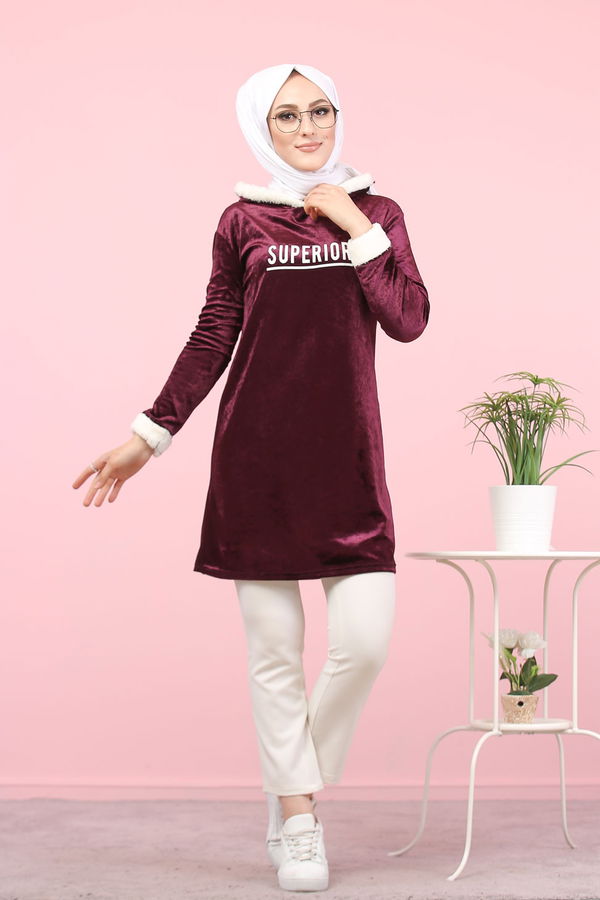 Düz Orta Kadın Mor Peluş Detaylı Tunik Siyah  - 7996 MOR