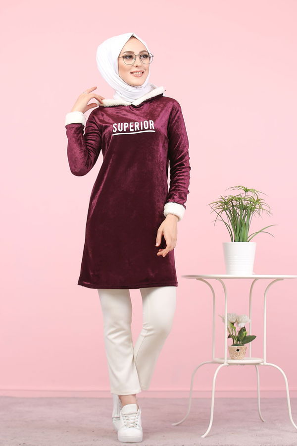 Düz Orta Kadın Mor Peluş Detaylı Tunik Siyah  - 7996 MOR