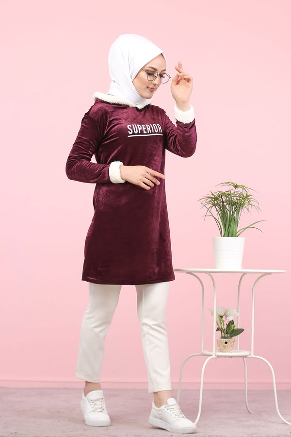 Düz Orta Kadın Mor Peluş Detaylı Tunik Siyah  - 7996 MOR