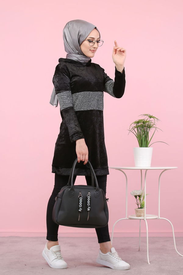 Düz Orta Kadın Siyah Simli Kapşonlu Kadife Tunik Siyah  - 8153
