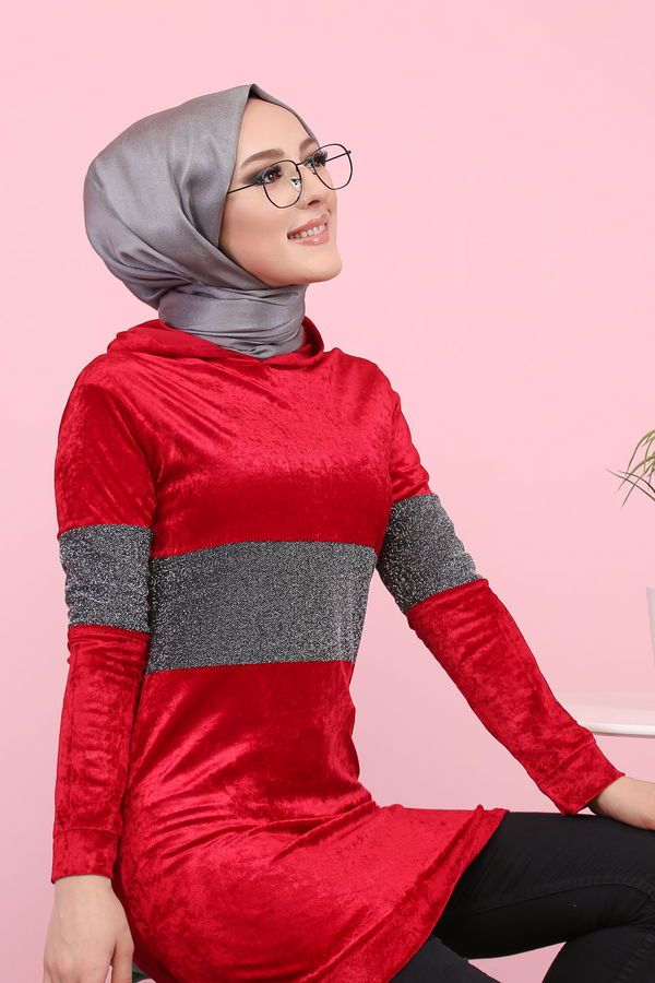 Düz Orta Kadın Bordo Simli Kapşonlu Kadife Tunik Siyah  - 8153 BORDO