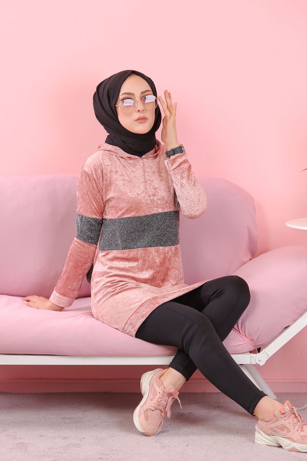 Düz Orta Kadın Pembe Simli Kapşonlu Kadife Tunik Siyah  - 8153 PEMBE
