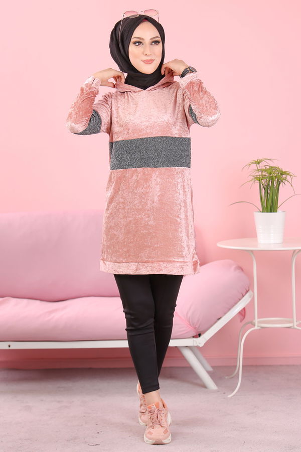 Düz Orta Kadın Pembe Simli Kapşonlu Kadife Tunik Siyah  - 8153 PEMBE