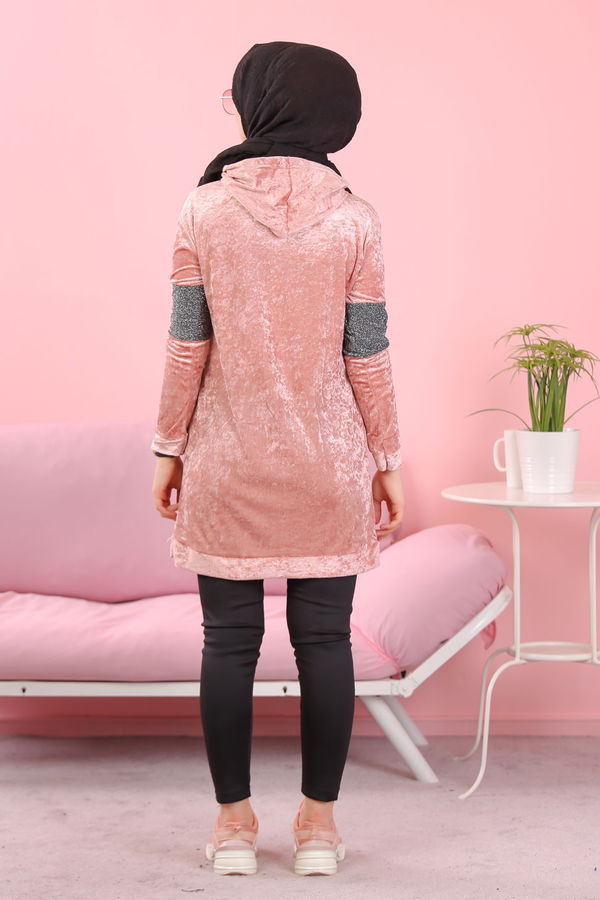 Düz Orta Kadın Pembe Simli Kapşonlu Kadife Tunik Siyah  - 8153 PEMBE