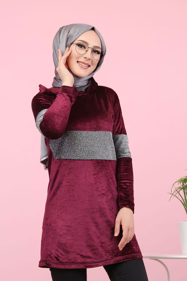 Düz Orta Kadın Mor Simli Kapşonlu Kadife Tunik Siyah  - 8153