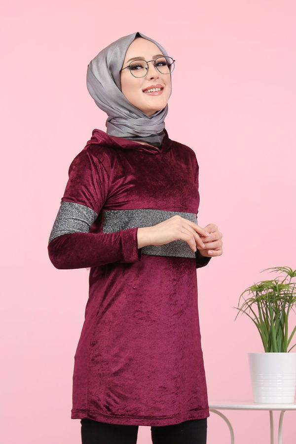 Düz Orta Kadın Mor Simli Kapşonlu Kadife Tunik Siyah  - 8153