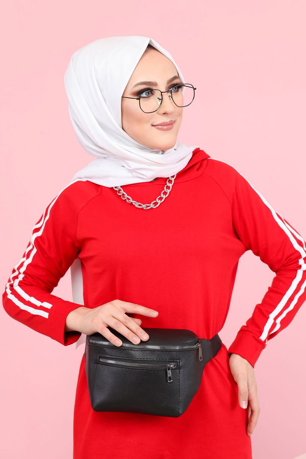 Düz Kapşonlu Yaka Kadın Kırmızı KOL SERITLI TUNIK - 2828