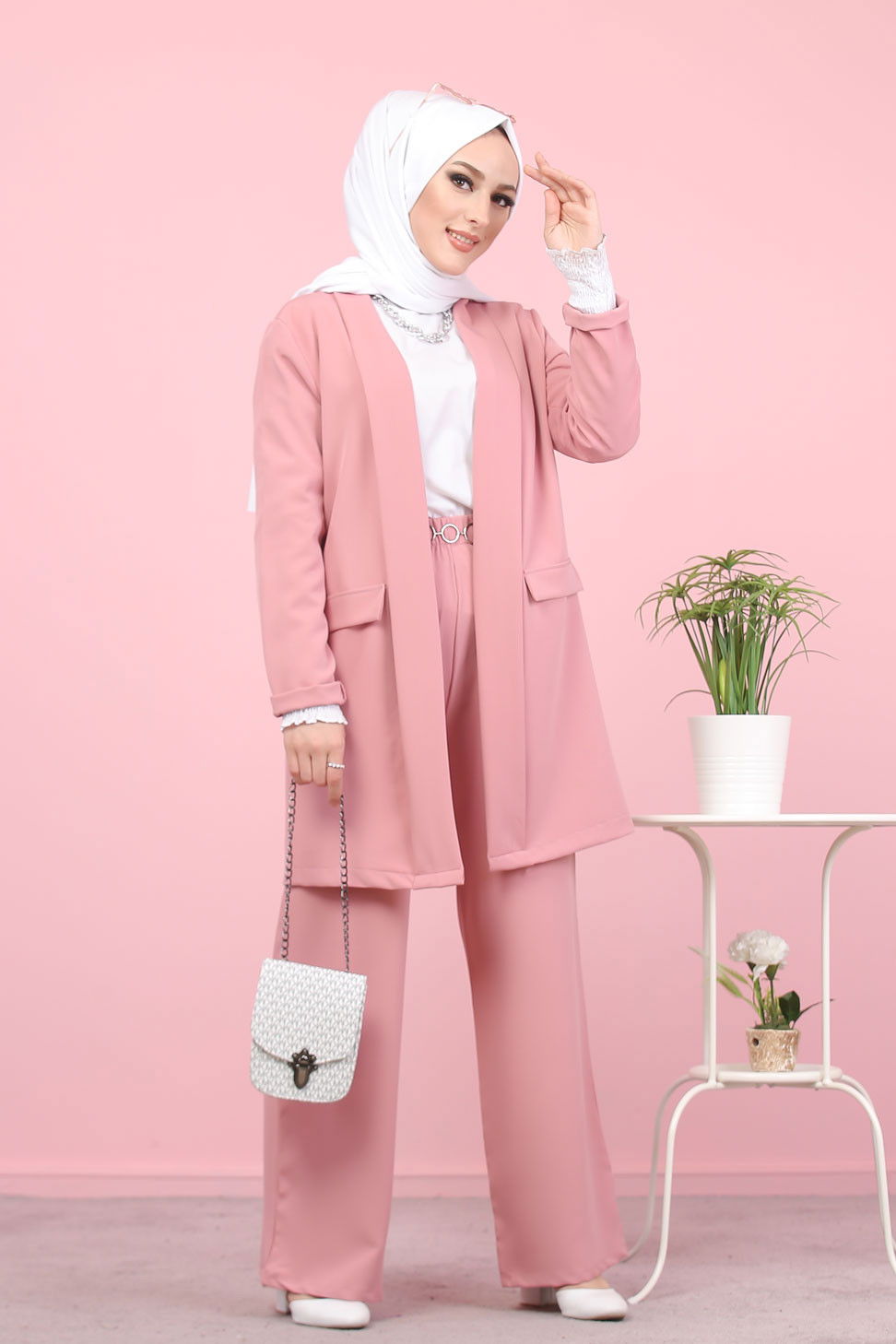 Düz Ceket Yaka Kadın Pembe CEKET PANTOLON - 8398