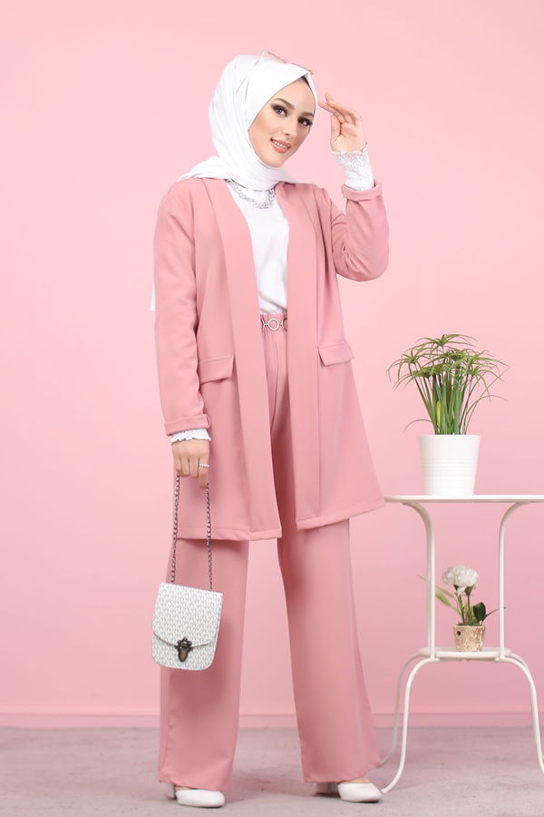 Düz Ceket Yaka Kadın Pembe CEKET PANTOLON - 8398