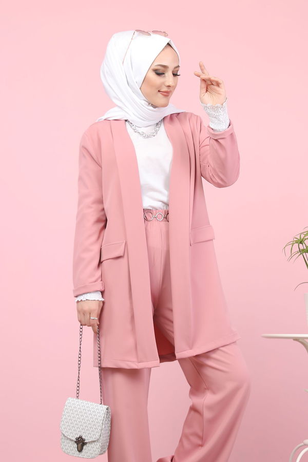 Düz Ceket Yaka Kadın Pembe CEKET PANTOLON - 8398