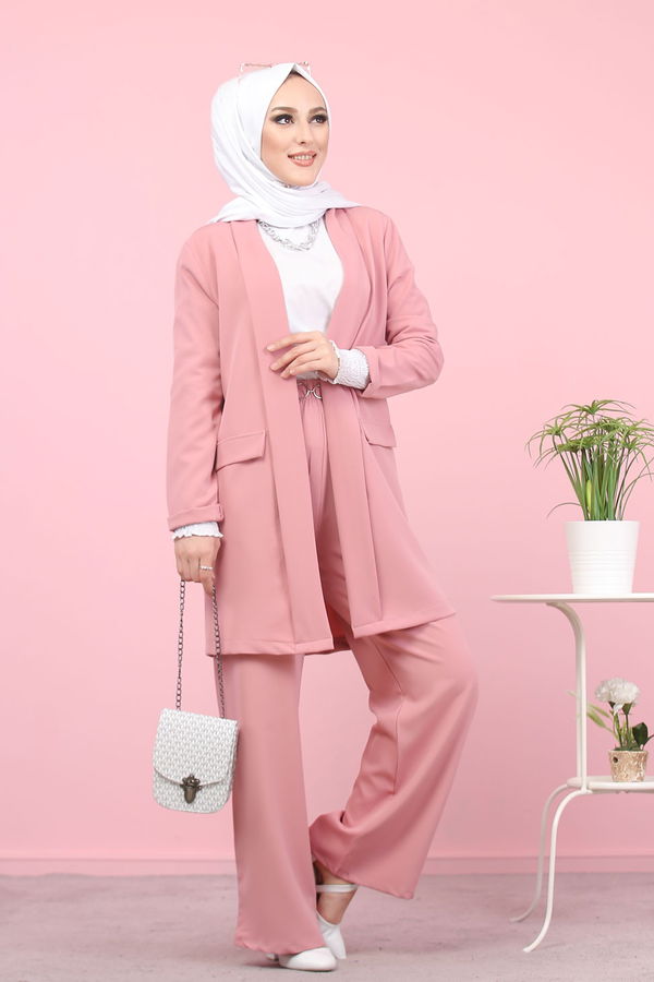 Düz Ceket Yaka Kadın Pembe CEKET PANTOLON - 8398