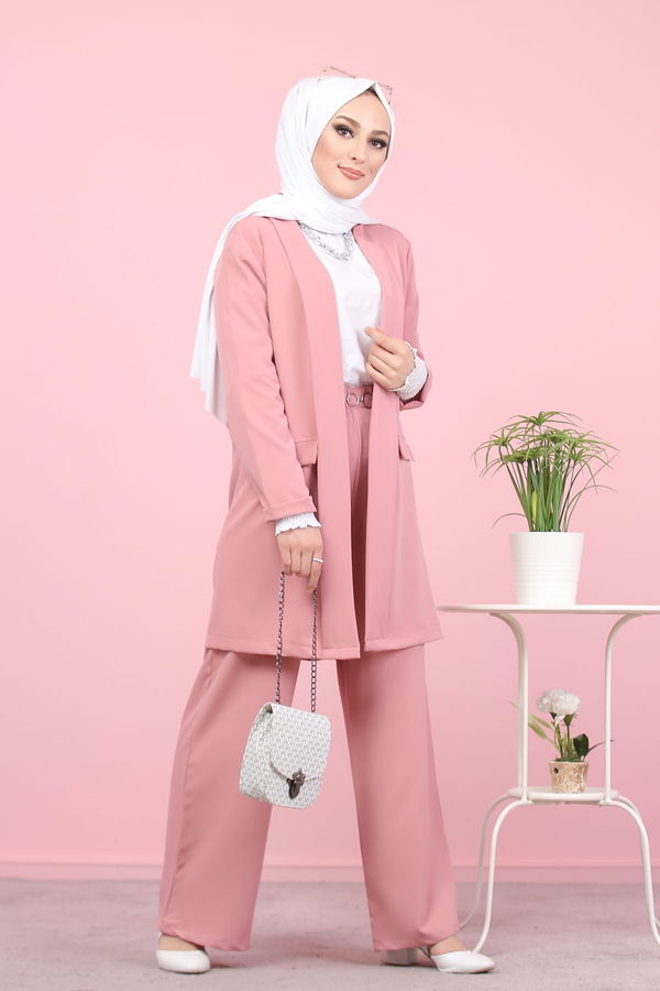 Düz Ceket Yaka Kadın Pembe CEKET PANTOLON - 8398