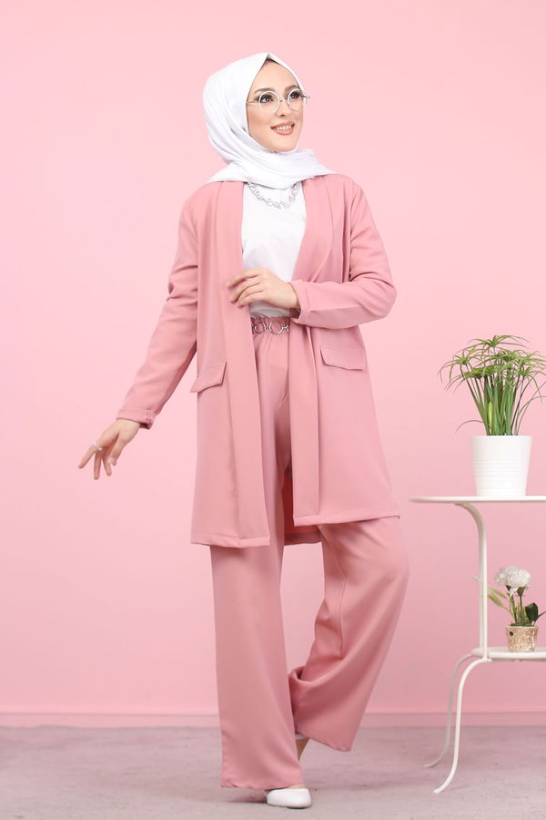 Düz Ceket Yaka Kadın Pembe CEKET PANTOLON - 8398
