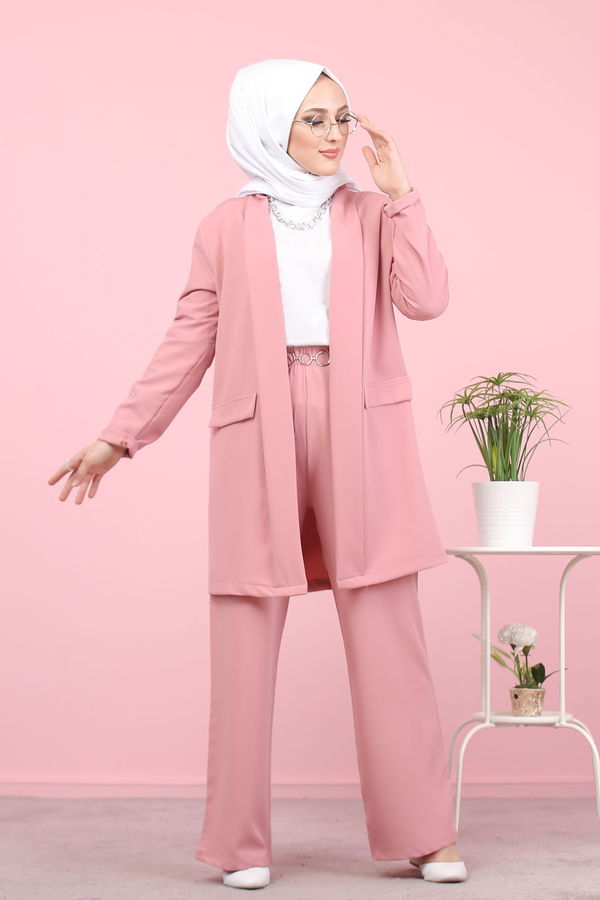 Düz Ceket Yaka Kadın Pembe CEKET PANTOLON - 8398