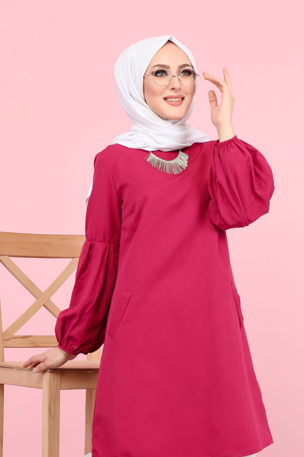 Düz Bisiklet Yaka Kadın Fuşya 8391 TUNİK - 8391
