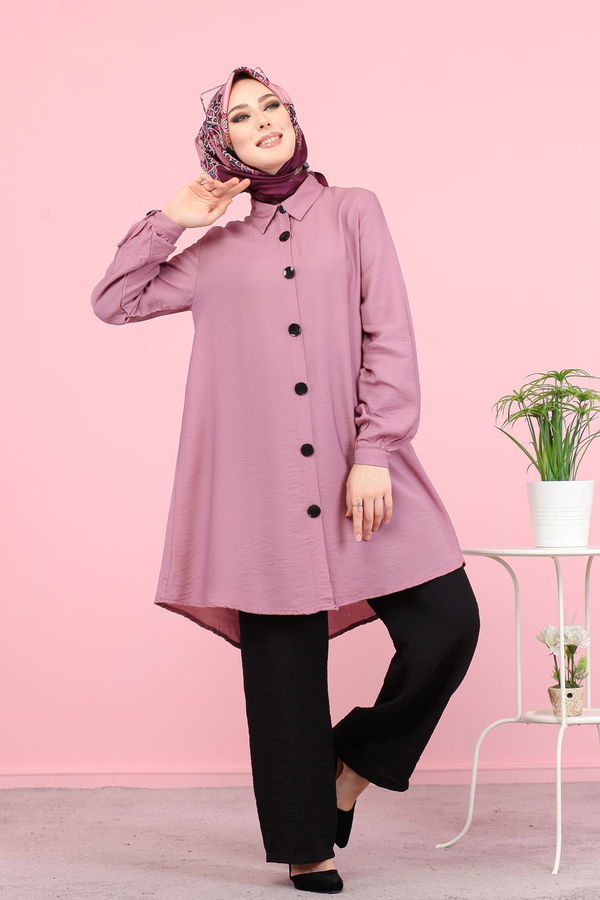Düz Gömlek Yaka Kadın Pembe Ayrobin Gömlek - 3042
