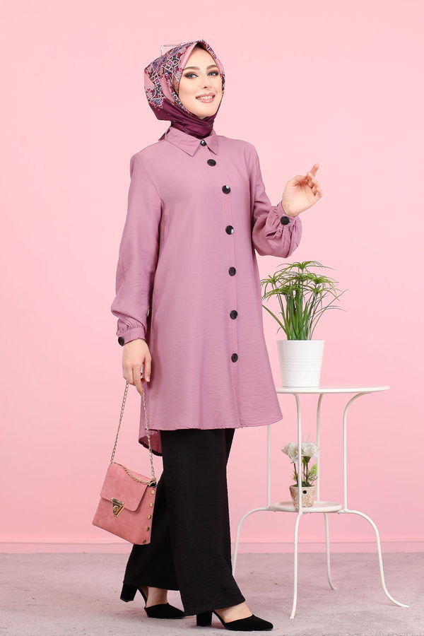 Düz Gömlek Yaka Kadın Pembe Ayrobin Gömlek - 3042