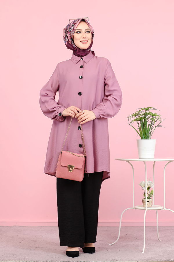 Düz Gömlek Yaka Kadın Pembe Ayrobin Gömlek - 3042
