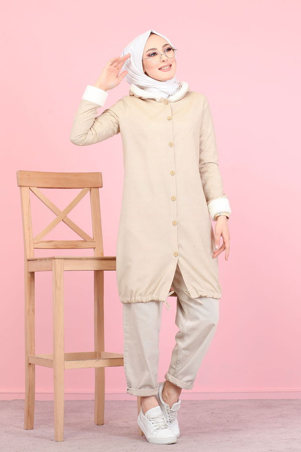 Düz Orta Kadın Bej Peluş Detay Tunik  - 7983 BEJ