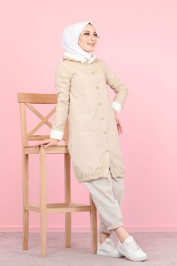 Düz Orta Kadın Bej Peluş Detay Tunik  - 7983 BEJ