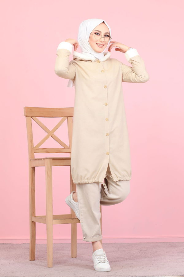 Düz Orta Kadın Bej Peluş Detay Tunik  - 7983 BEJ