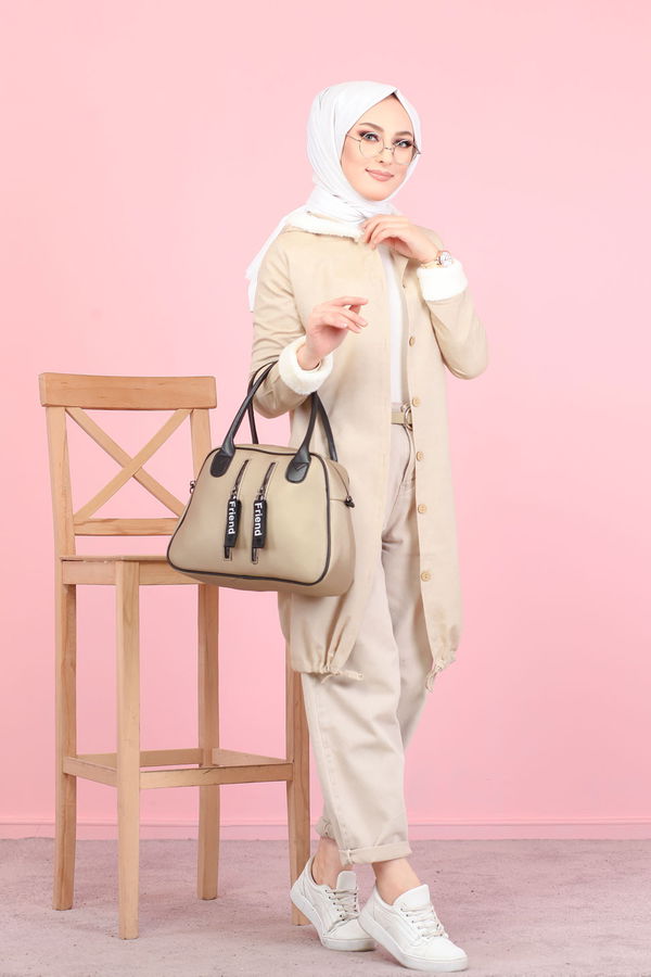 Düz Orta Kadın Bej Peluş Detay Tunik  - 7983 BEJ