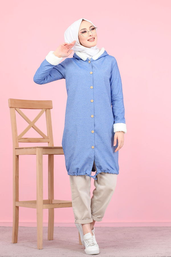 Düz Orta Kadın Mavi Peluş Detay Tunik  - 7983 MAVİ