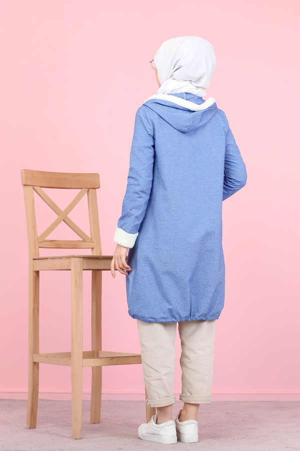 Düz Orta Kadın Mavi Peluş Detay Tunik  - 7983 MAVİ