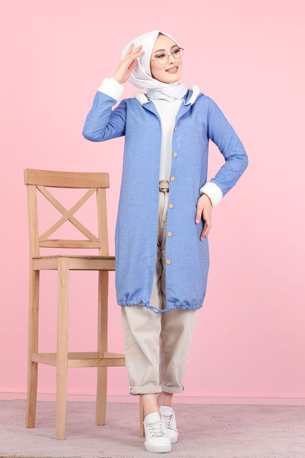 Düz Orta Kadın Mavi Peluş Detay Tunik  - 7983 MAVİ