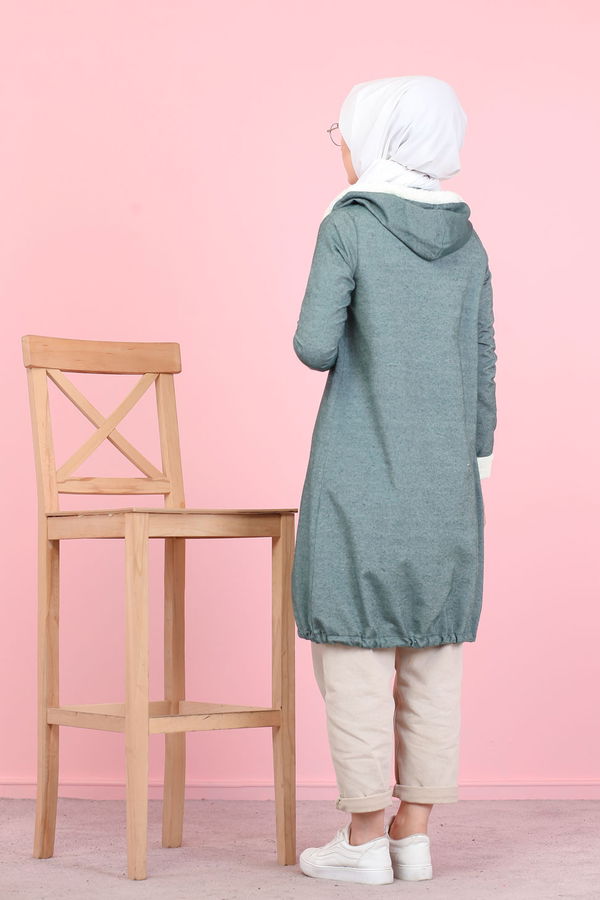Düz Orta Kadın Yeşil Peluş Detay Tunik  - 7983 YEŞİL