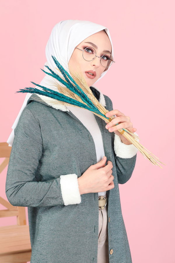 Düz Orta Kadın Yeşil Peluş Detay Tunik  - 7983 YEŞİL