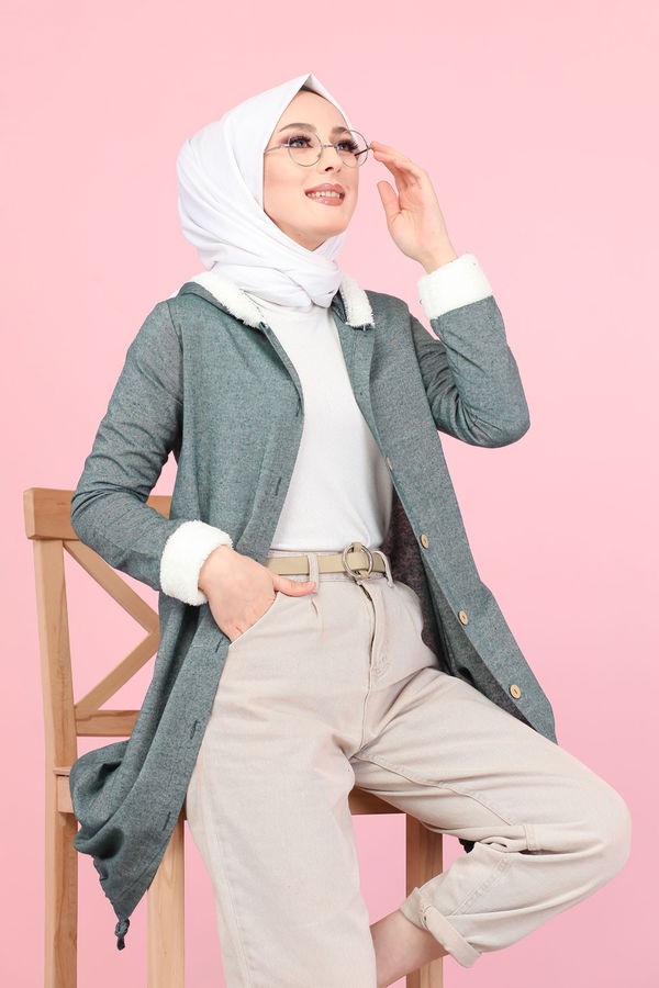 Düz Orta Kadın Yeşil Peluş Detay Tunik  - 7983 YEŞİL