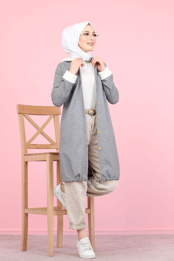 Düz Orta Kadın Gri Peluş Detay Tunik  - 7983 GRİ
