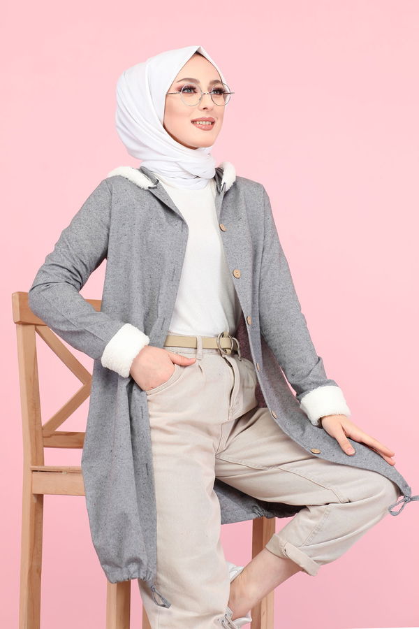 Düz Orta Kadın Gri Peluş Detay Tunik  - 7983 GRİ