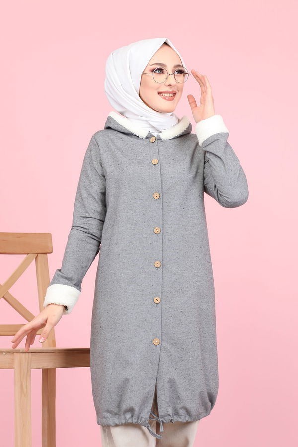 Düz Orta Kadın Gri Peluş Detay Tunik  - 7983 GRİ
