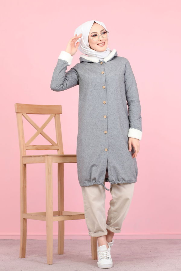 Düz Orta Kadın Gri Peluş Detay Tunik  - 7983 GRİ