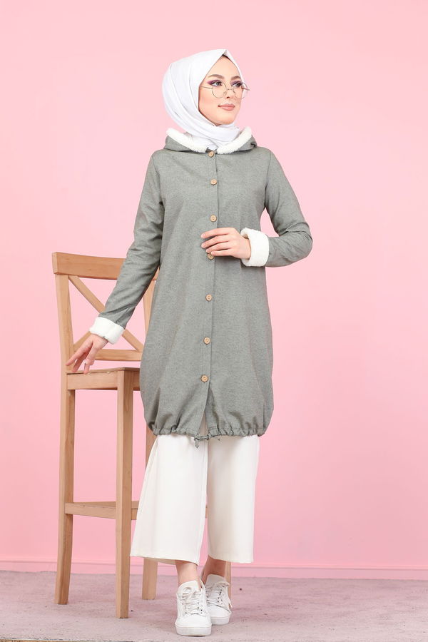 Düz Orta Kadın Haki Peluş Detay Tunik  - 7983 HAKİ