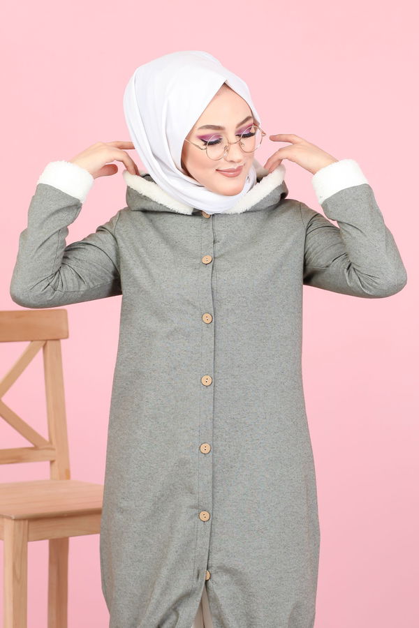 Düz Orta Kadın Haki Peluş Detay Tunik  - 7983 HAKİ