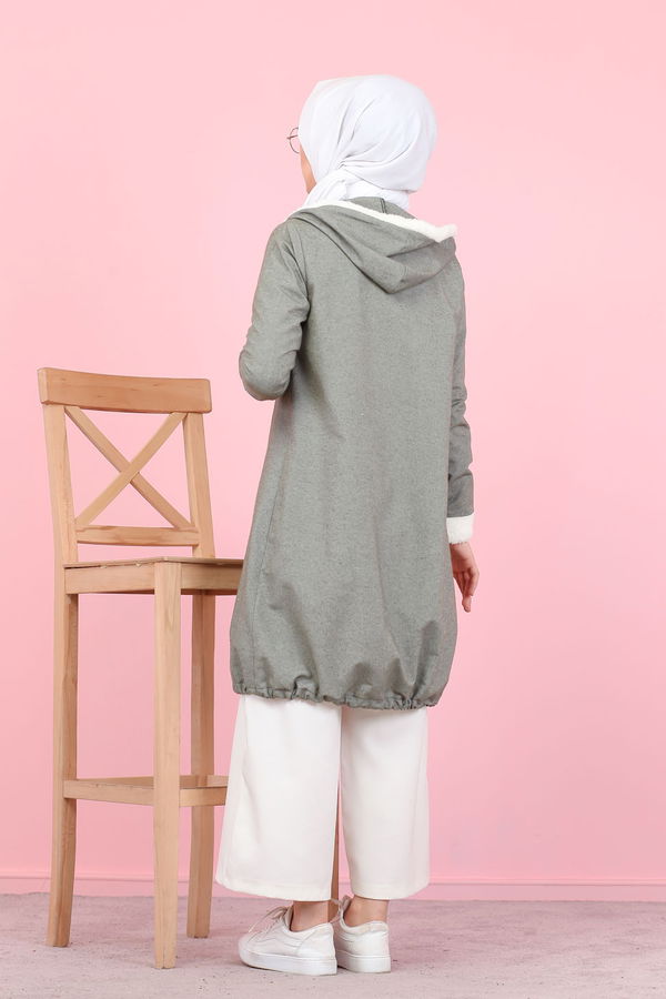 Düz Orta Kadın Haki Peluş Detay Tunik  - 7983 HAKİ