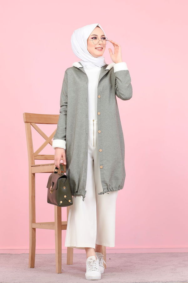 Düz Orta Kadın Haki Peluş Detay Tunik  - 7983 HAKİ