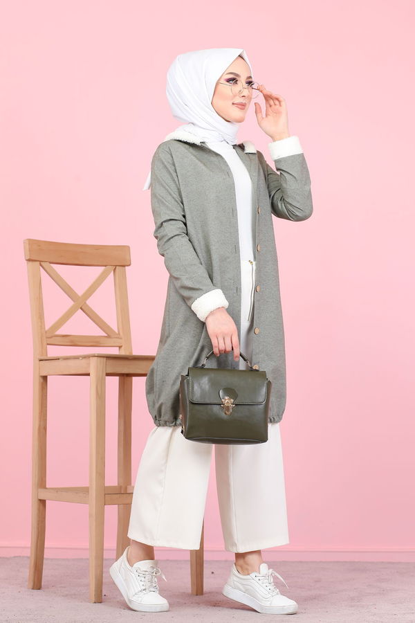Düz Orta Kadın Haki Peluş Detay Tunik  - 7983 HAKİ