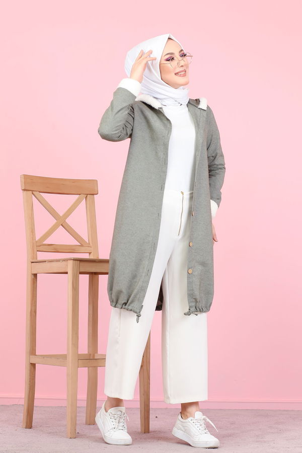 Düz Orta Kadın Haki Peluş Detay Tunik  - 7983 HAKİ